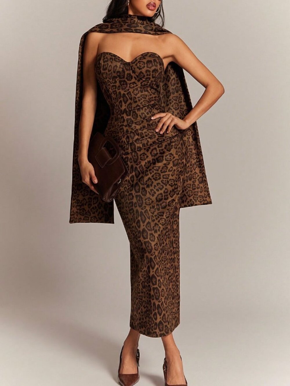 Multicolor Elegant Women's Plus Size Sexy Suede Leopard Print Dress - Picture 3 of 5